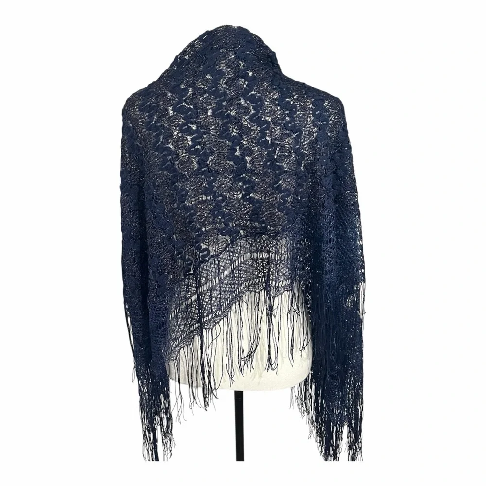 Elegant Knit Navy Lace Shawl with Fringe